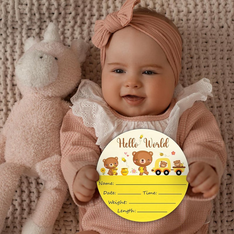 CLHHM Bear Baby Name Announcement Sign Hello World Newborn Sign wooden Newbaby Gifts Nursery Wall Décor 5.9 Inch Baby Stats Board - Image 4